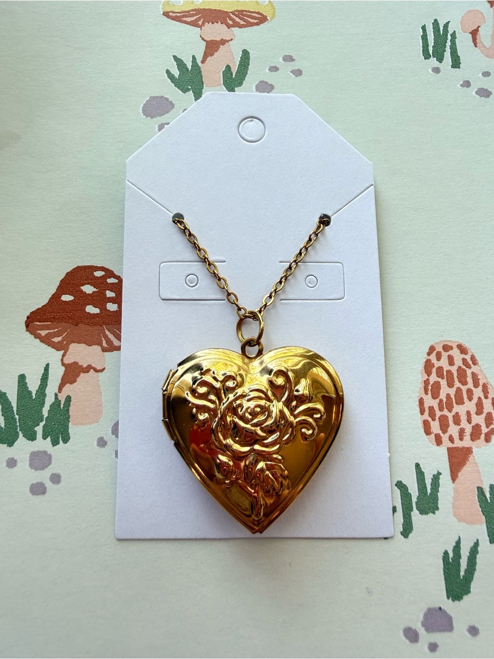 Gold Heart Locket Necklace with Rose Floral Detailing